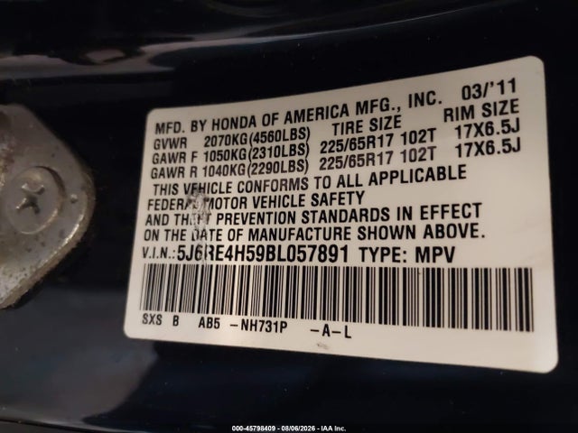 Auction sale of the 2011 Honda Cr-v Ex, vin: 5J6RE4H59BL057891, lot number: 45798409