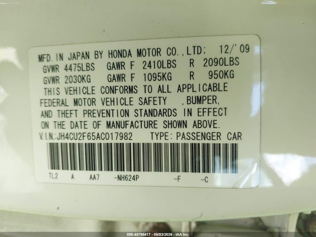 45798417 :رقم المزاد ، JH4CU2F65AC017982 vin ، 2010 Acura Tsx 2.4 مزاد بيع