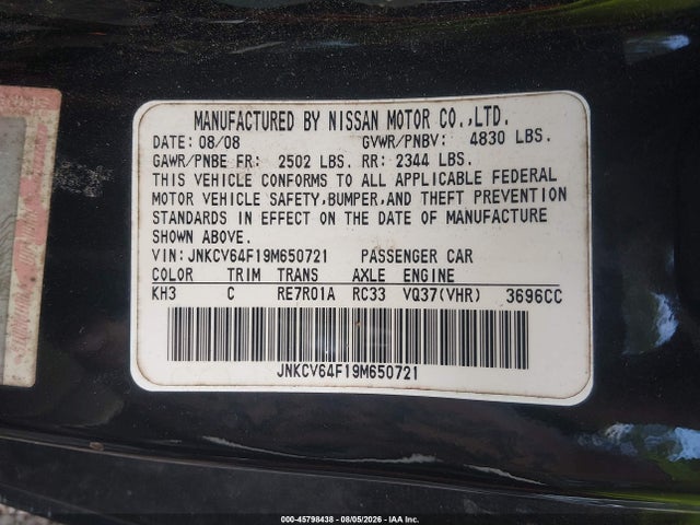 Aukcja sprzedaży 2009 Infiniti G37x, vin: JNKCV64F19M650721, numer aukcji: 45798438