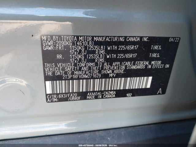 Aukcja sprzedaży 2022 Toyota Rav4 Xle, vin: 2T3P1RFV0NW271629, numer aukcji: 45798440
