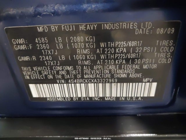 2010 Subaru Outback 2.5i Limited მანქანა იყიდება აუქციონზე, vin: 4S4BRCKCXA3322969, აუქციონის ნომერი: 45798460