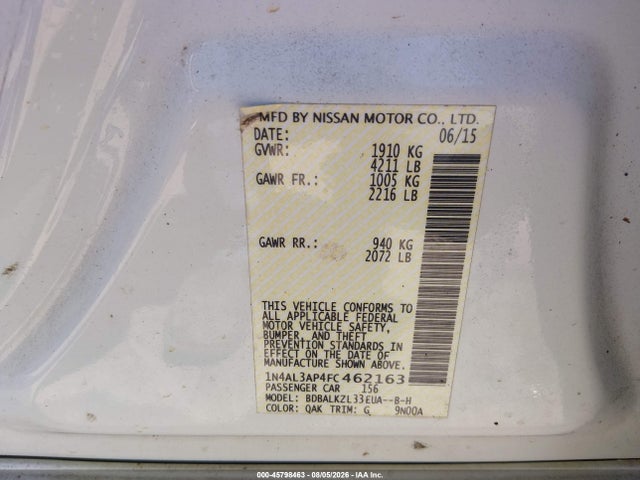 2015 Nissan Altima 2.5 Sv მანქანა იყიდება აუქციონზე, vin: 1N4AL3AP4FC462163, აუქციონის ნომერი: 45798463
