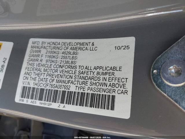 2025 Honda Accord Hybrid Sport-l მანქანა იყიდება აუქციონზე, vin: 1HGCY2F78SA087652, აუქციონის ნომერი: 45798466