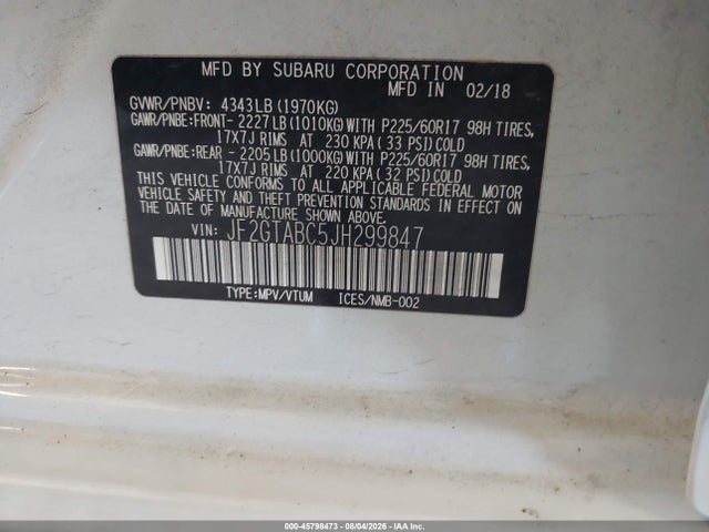 Продаж на аукціоні авто 2018 Subaru Crosstrek 2.0i Premium, vin: JF2GTABC5JH299847, номер лоту: 45798473