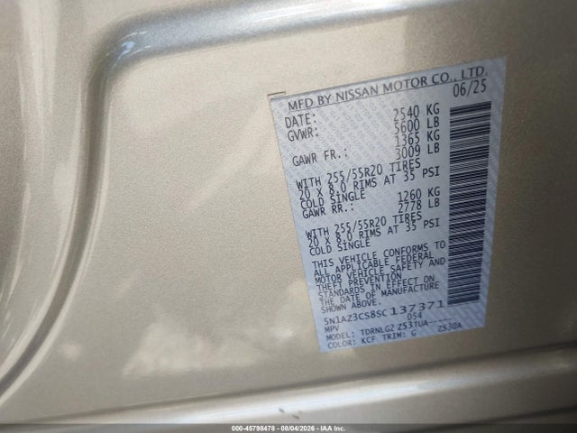 45798478 :رقم المزاد ، 5N1AZ3CS8SC137371 vin ، 2025 Nissan Murano Sl مزاد بيع