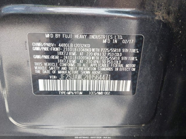 Продажа на аукционе авто 2017 Subaru Forester 2.5i Touring, vin: JF2SJAWC2HH564471, номер лота: 45798482