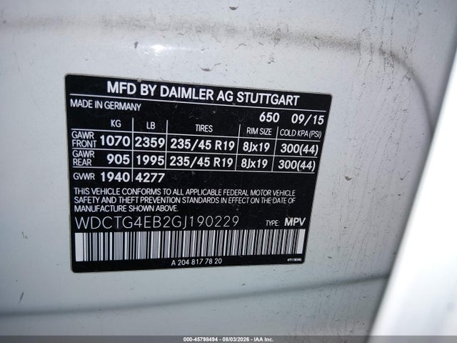 Aukcja sprzedaży 2016 Mercedes-benz Gla 250, vin: WDCTG4EB2GJ190229, numer aukcji: 45798494