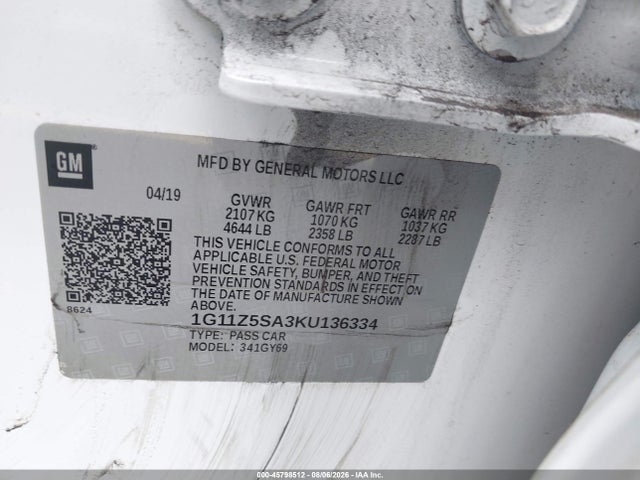 Продаж на аукціоні авто 2019 Chevrolet Impala Lt, vin: 1G11Z5SA3KU136334, номер лоту: 45798512