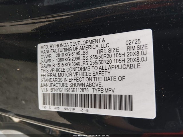 Aukcja sprzedaży 2025 Honda Pilot Black Edition, vin: 5FNYG1H98SB112878, numer aukcji: 45798518