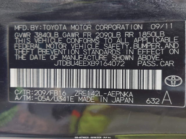 2011 Toyota Corolla Le მანქანა იყიდება აუქციონზე, vin: JTDBU4EEXB9164072, აუქციონის ნომერი: 45798520