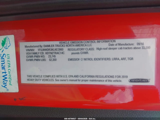 Aukcja sprzedaży 2019 Freightliner New Cascadia 126, vin: 1FUJHHDR3KLKE3960, numer aukcji: 45798527
