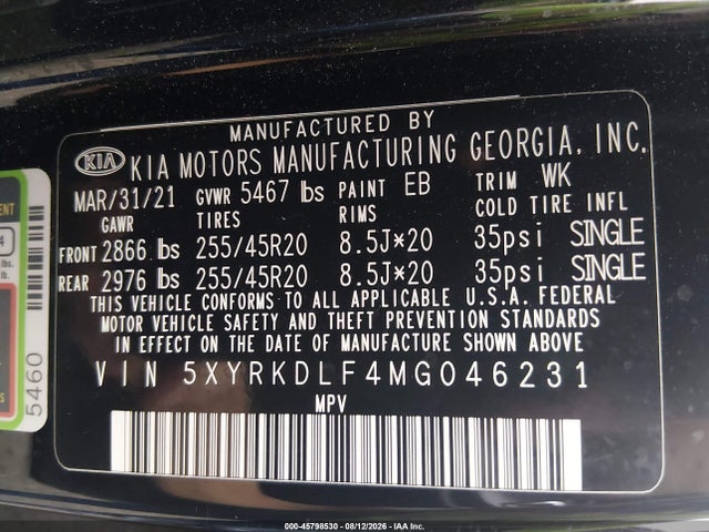 Aukcja sprzedaży 2021 Kia Sorento Sx, vin: 5XYRKDLF4MG046231, numer aukcji: 45798530