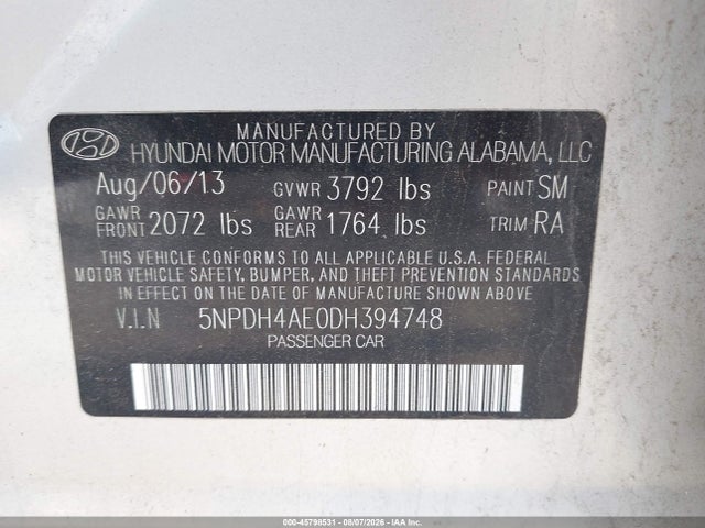 Продаж на аукціоні авто 2013 Hyundai Elantra Gls, vin: 5NPDH4AE0DH394748, номер лоту: 45798531