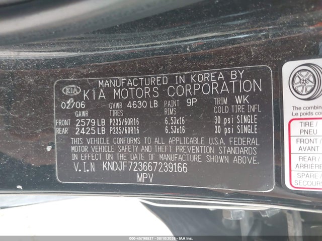 2006 Kia Sportage Ex V6/lx V6 მანქანა იყიდება აუქციონზე, vin: KNDJF723667239166, აუქციონის ნომერი: 45798537