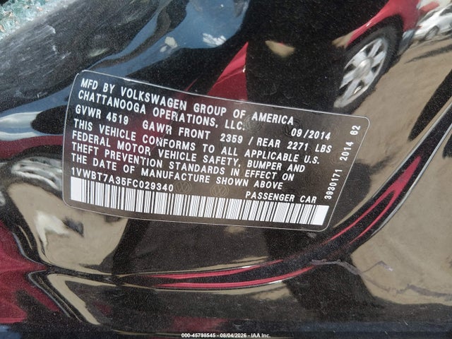 45798545 :رقم المزاد ، 1VWBT7A35FC029340 vin ، 2015 Volkswagen Passat 1.8t Se مزاد بيع