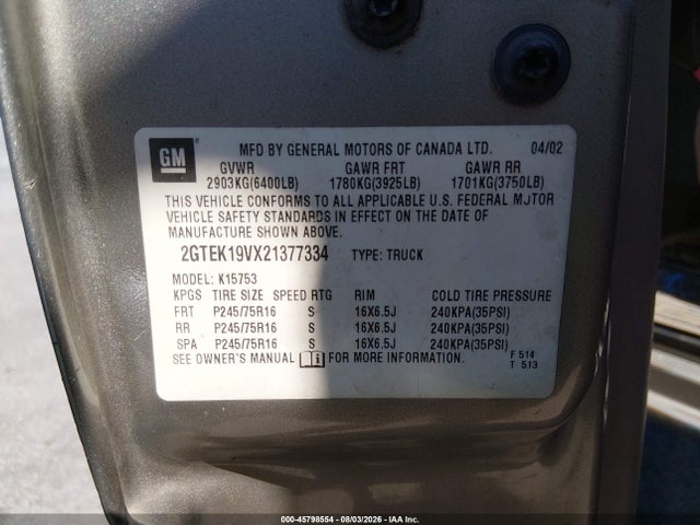 Продаж на аукціоні авто 2002 Gmc Sierra 1500 Sle, vin: 2GTEK19VX21377334, номер лоту: 45798554