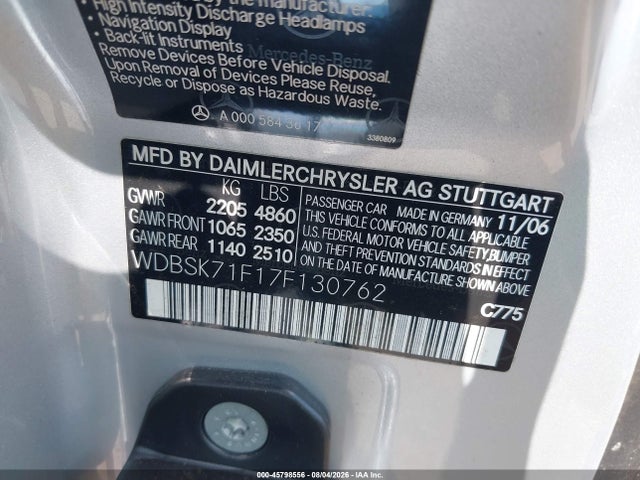 45798556 :رقم المزاد ، WDBSK71F17F130762 vin ، 2007 Mercedes-benz Sl 550 مزاد بيع