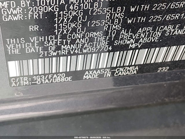 Aukcja sprzedaży 2020 Toyota Rav4 Xle, vin: 2T3W1RFV4LW097704, numer aukcji: 45798579