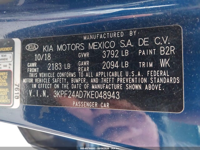 45798583 :رقم المزاد ، 3KPF24AD7KE048943 vin ، 2019 Kia Forte Lxs مزاد بيع