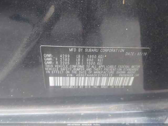 2019 Subaru Impreza 2.0i მანქანა იყიდება აუქციონზე, vin: 4S3GTAA60K3750515, აუქციონის ნომერი: 45798586