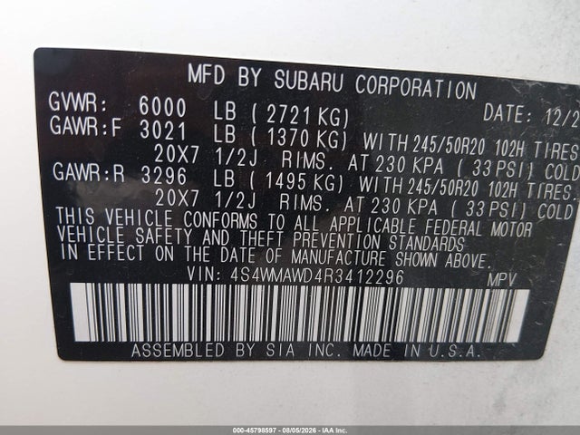 Aukcja sprzedaży 2024 Subaru Ascent Touring 7-passenger, vin: 4S4WMAWD4R3412296, numer aukcji: 45798597
