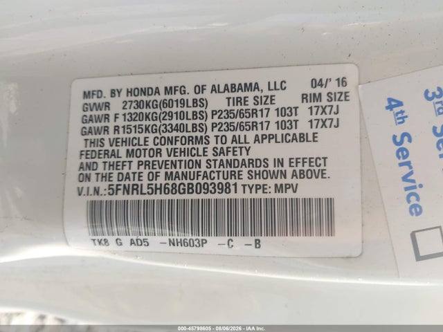 Auction sale of the 2016 Honda Odyssey Ex-l, vin: 5FNRL5H68GB093981, lot number: 45798605