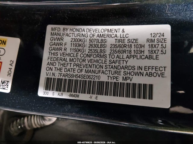 45798625 :رقم المزاد ، 7FARS6H54SE062210 vin ، 2025 Honda Cr-v Hybrid Sport مزاد بيع