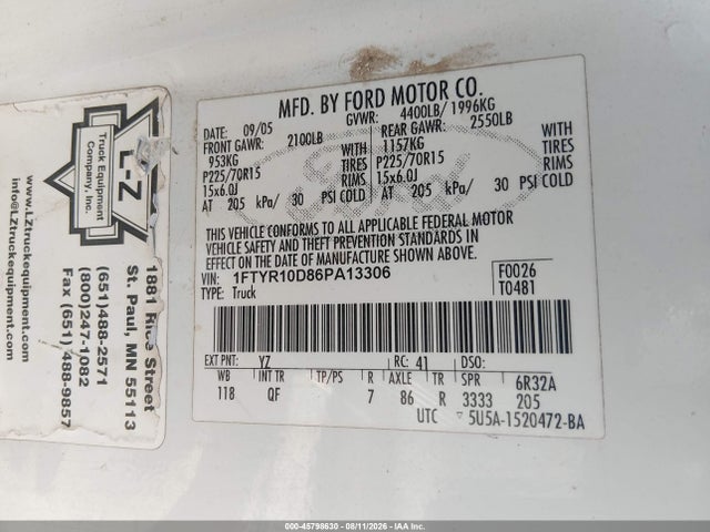 45798630 :رقم المزاد ، 1FTYR10D86PA13306 vin ، 2006 Ford Ranger Xl/xlt مزاد بيع