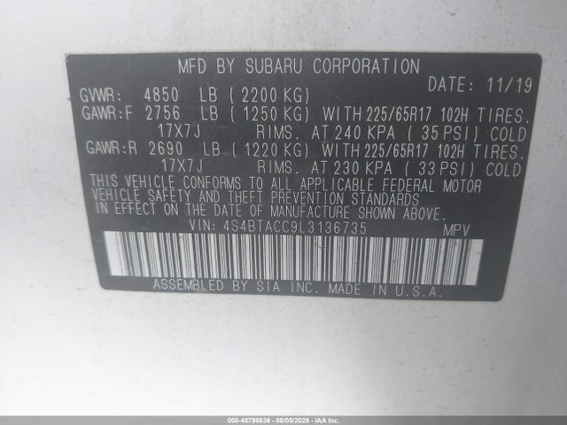Продажа на аукционе авто 2020 Subaru Outback Premium, vin: 4S4BTACC9L3136735, номер лота: 45798636