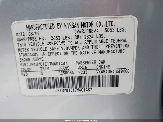 Aukcja sprzedaży 2007 Infiniti M45 Sport, vin: JNKBY01E17M401487, numer aukcji: 45798640