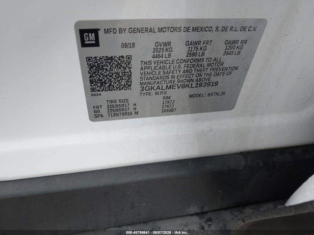 45798641 :رقم المزاد ، 3GKALMEV8KL193919 vin ، 2019 Gmc Terrain Sle مزاد بيع