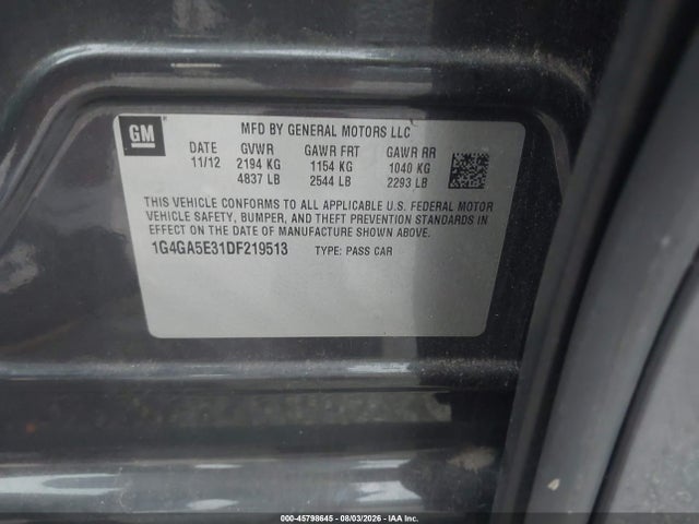 45798645 :رقم المزاد ، 1G4GA5E31DF219513 vin ، 2013 Buick Lacrosse مزاد بيع