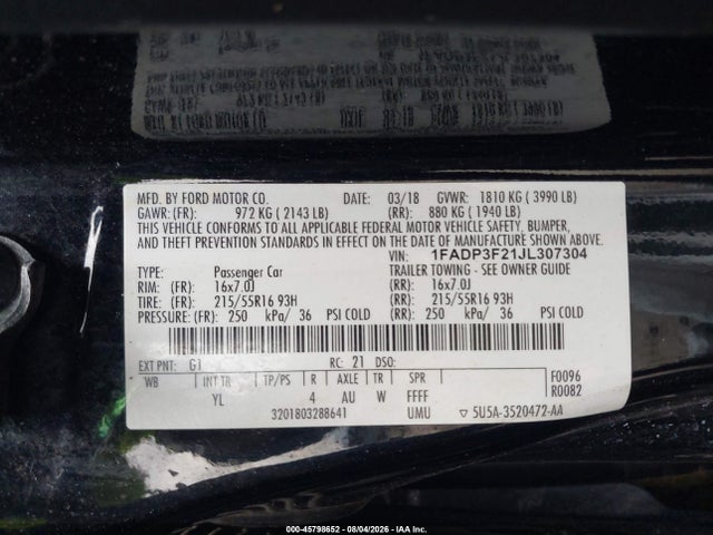 1FADP3F21JL307304 Ford FOCUS SE