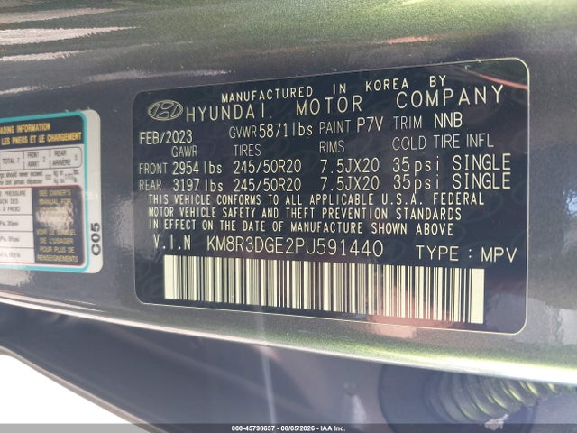 45798657 :رقم المزاد ، KM8R3DGE2PU591440 vin ، 2023 Hyundai Palisade Xrt مزاد بيع