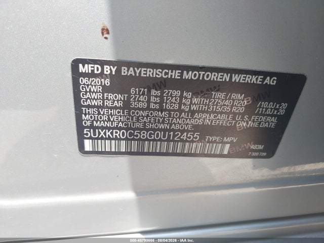 45798666 :رقم المزاد ، 5UXKR0C58G0U12455 vin ، 2016 Bmw X5 Xdrive35i مزاد بيع