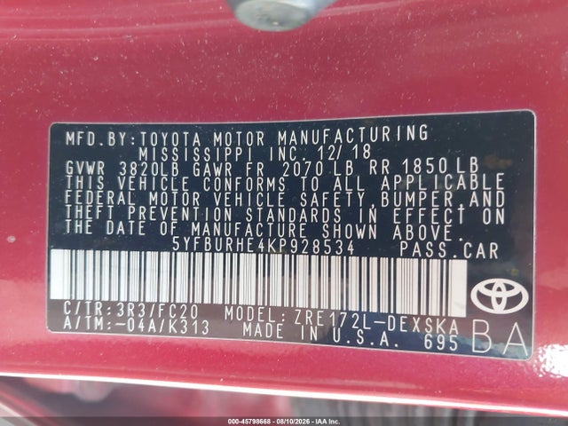 Продаж на аукціоні авто 2019 Toyota Corolla Se, vin: 5YFBURHE4KP928534, номер лоту: 45798668