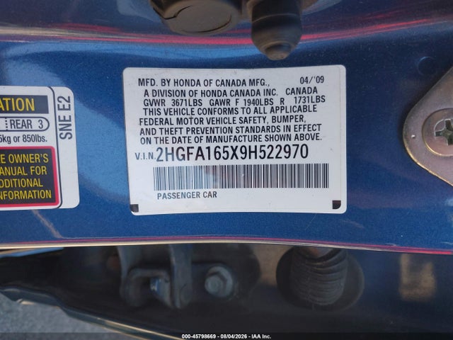 45798669 :رقم المزاد ، 2HGFA165X9H522970 vin ، 2009 Honda Civic Lx مزاد بيع