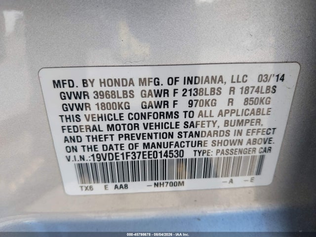 45798678 :رقم المزاد ، 19VDE1F37EE014530 vin ، 2014 Acura Ilx 2.0l مزاد بيع
