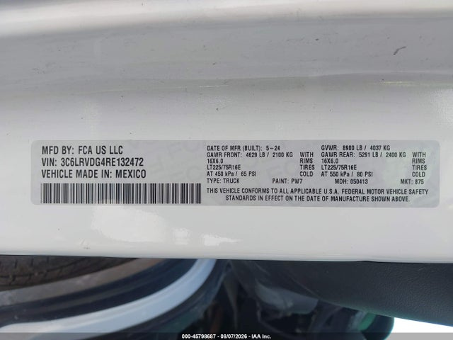 Aukcja sprzedaży 2024 Ram Promaster 2500 Tradesman High Roof 159 Wb W/pass Seat, vin: 3C6LRVDG4RE132472, numer aukcji: 45798687