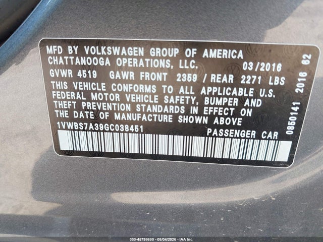 2016 Volkswagen Passat 1.8t Se მანქანა იყიდება აუქციონზე, vin: 1VWBS7A39GC038451, აუქციონის ნომერი: 45798690