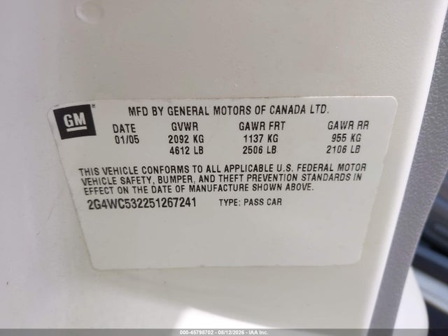 Продажа на аукционе авто 2005 Buick Lacrosse Cx, vin: 2G4WC532251267241, номер лота: 45798702
