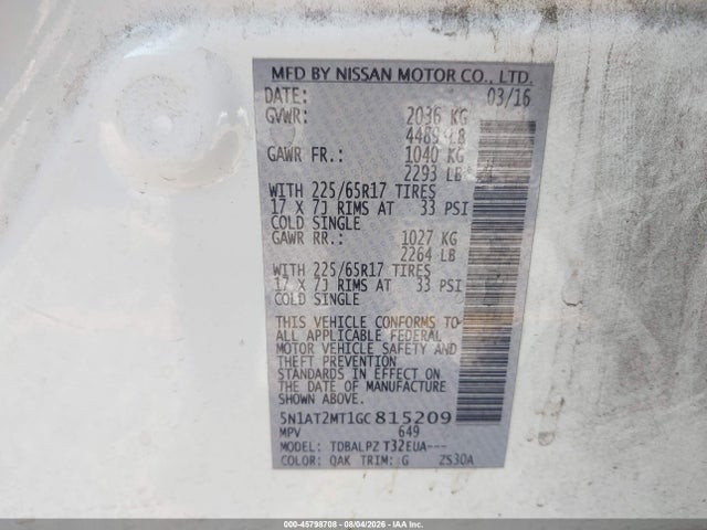 5N1AT2MT1GC815209 Nissan Rogue S/sl/sv