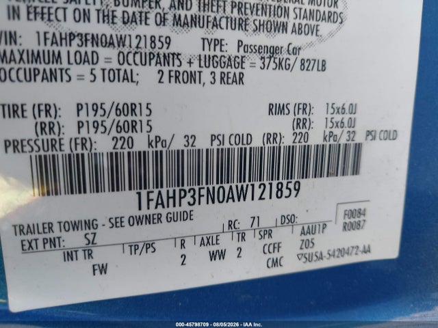 Продаж на аукціоні авто 2010 Ford Focus Se, vin: 1FAHP3FN0AW121859, номер лоту: 45798709