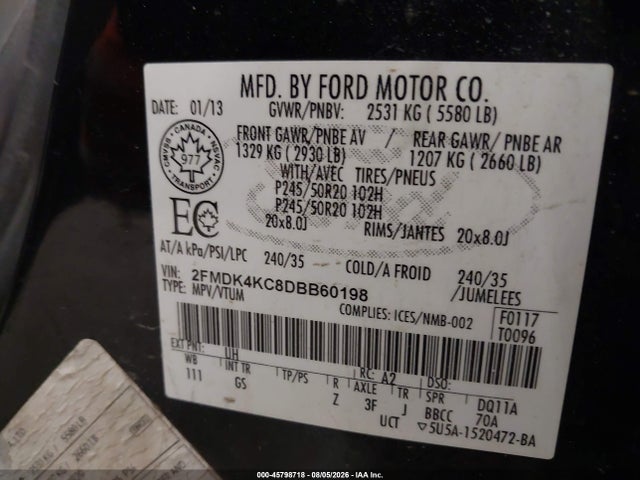 Продажа на аукционе авто 2013 Ford Edge Limited, vin: 2FMDK4KC8DBB60198, номер лота: 45798718