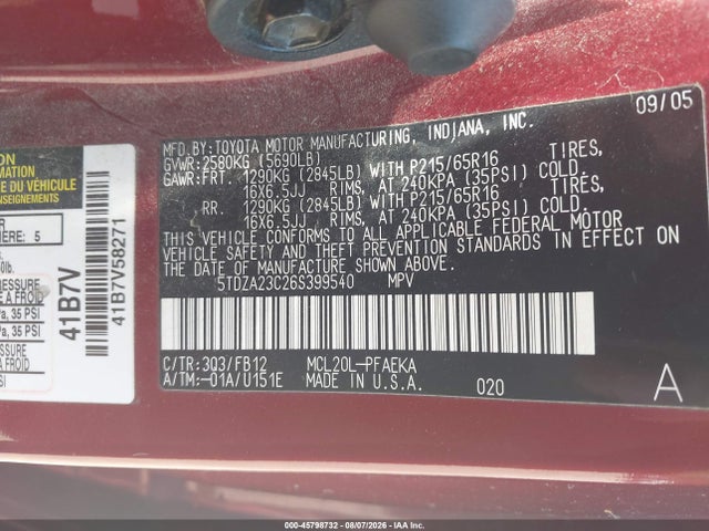 2006 Toyota Sienna Ce მანქანა იყიდება აუქციონზე, vin: 5TDZA23C26S399540, აუქციონის ნომერი: 45798732