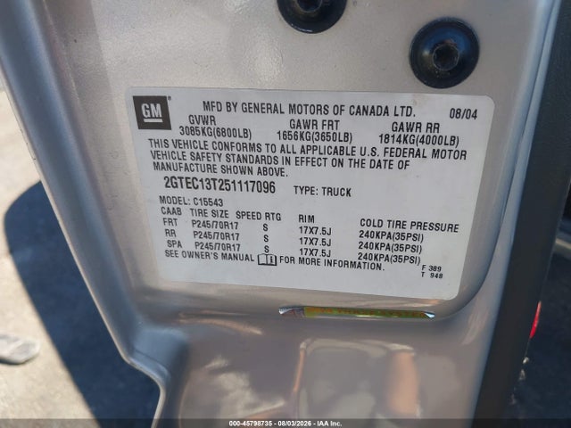 Продаж на аукціоні авто 2005 Gmc Sierra 1500 Slt, vin: 2GTEC13T251117096, номер лоту: 45798735