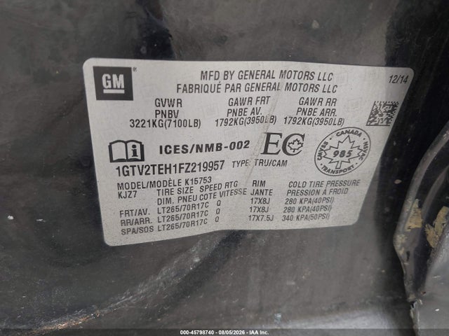 Продажа на аукционе авто 2015 Gmc Sierra 1500, vin: 1GTV2TEH1FZ219957, номер лота: 45798740