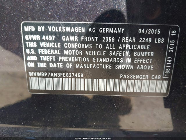 2015 Volkswagen Cc 2.0t R-line მანქანა იყიდება აუქციონზე, vin: WVWBP7AN3FE827459, აუქციონის ნომერი: 45798748