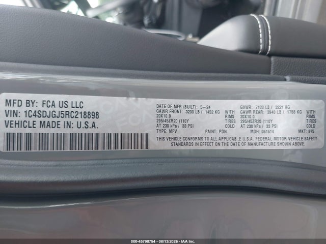 45798754 :رقم المزاد ، 1C4SDJGJ5RC218898 vin ، 2024 Dodge Durango Srt 392 Alchemi Awd مزاد بيع