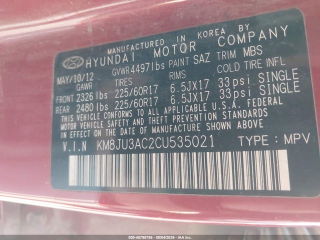 45798756 :رقم المزاد ، KM8JU3AC2CU535021 vin ، 2012 Hyundai Tucson Gls مزاد بيع